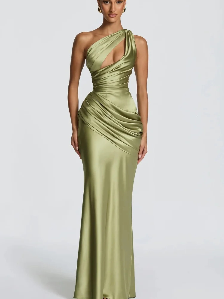Women Green Ruched Elegant Satin Maxi Dress Mermaid One-shoulder Cutout Slim Fit Flowy Vestido 2026 Lady Summer Evening Vestidos 260602bj