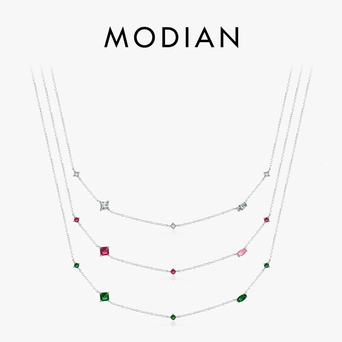 MODIAN 925 Sterling Silver Rainbow Colorful Zirconia Pendant Necklace Shiny Geometric Chain Neck For Women Party Jewelry Gift 260602BJ