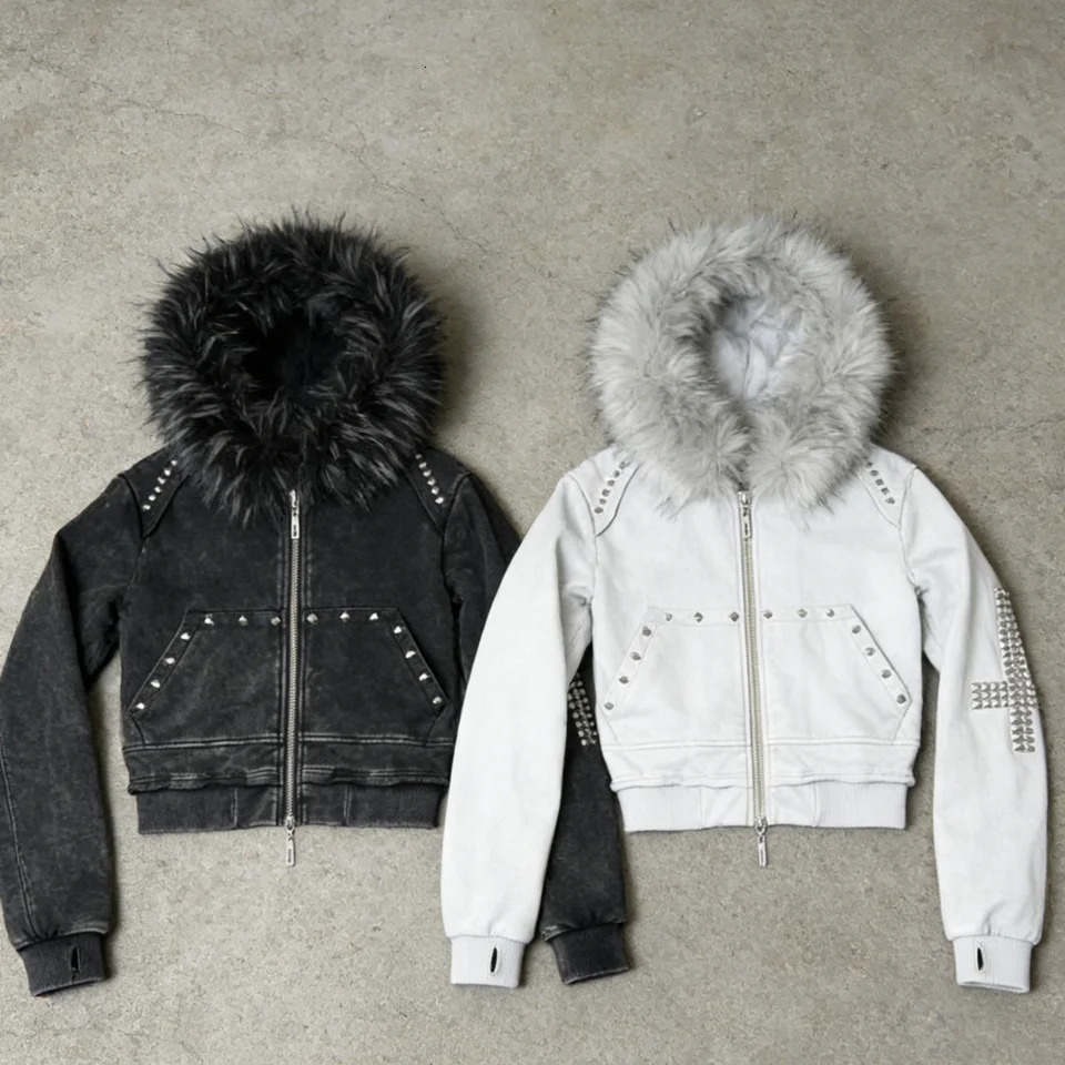 2026 Arrival Men Y2K Washed Faux Fur Trim Studded Cropped Hooded Jacket Punk ZipUp Coat 260602