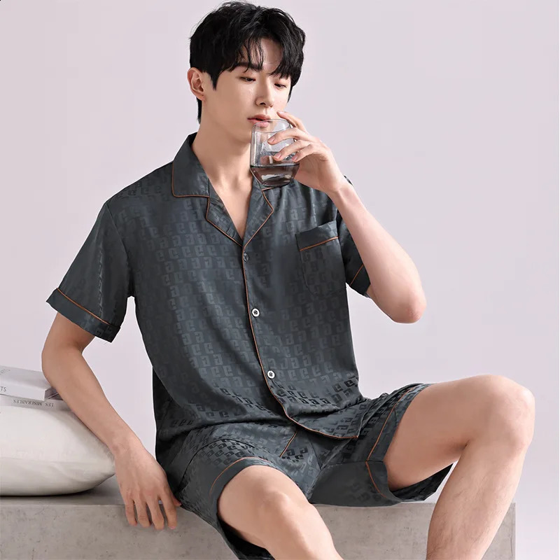 Ice Silk Pajamas Mens Spring and Summer Light and Breathable Simulation Silk Satin Short-sleeved Shorts Youth Simple Loungewear 260602BJ