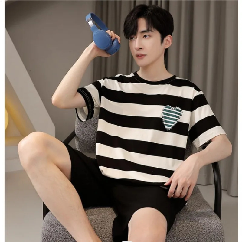 2 Piece Set Men Pajamas Short Sleeve Shorts Loose Comfortable Casual Simple Suit O-Neck Striped Top Shorts Summer Sleepwear 260602BJ