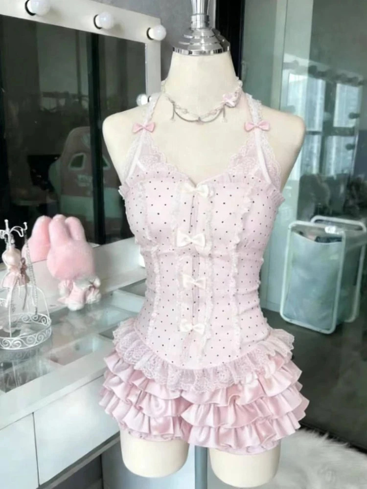 French Style Sweet Cute Polka Dot Splicing Dress Lace Bow Korean Fashion Dresses Slim Waist Lady Y2k Mini Dress 260602BJ