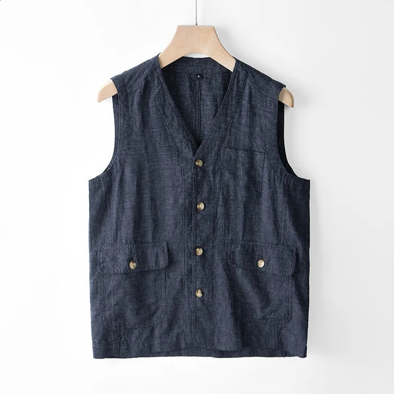 Japan Style Harajuku Men 100 Linen Vest Thin Simple Casual Loose Tops High Quality Yarn-Dyed Multi-Pockets Sleeveless Waistcoat 260602BJ