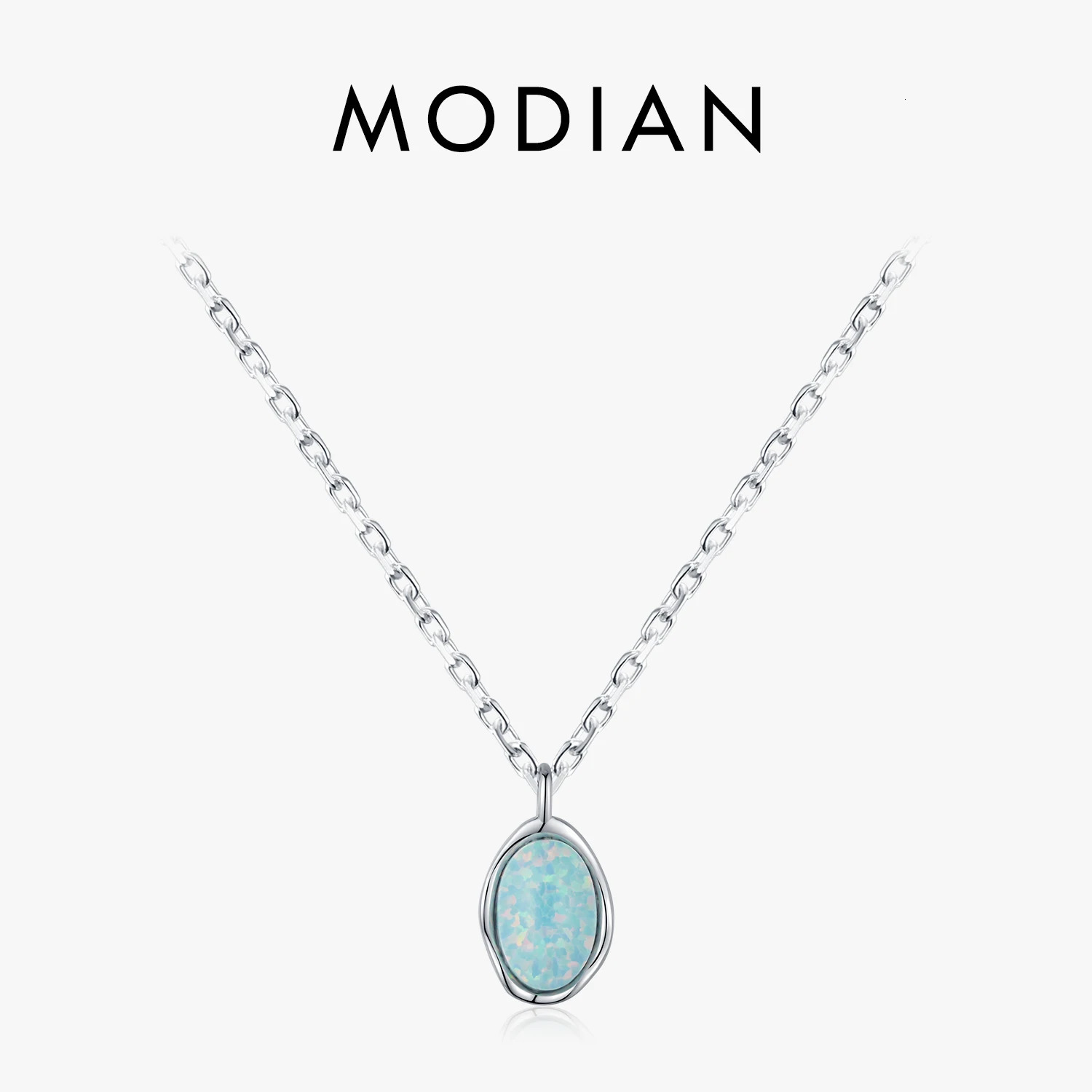 MODIAN Link Chain Necklace 925 Sterling Silver Vintage Irregular Wave Metal Opal Pendant Necklace For Women Fine Jewelry 260602BJ