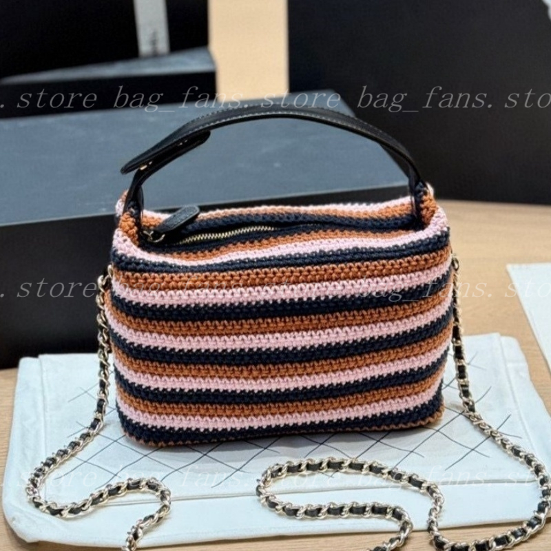 Striped Knitted Lunch Box Bag Chain Strap Crossbody Handbag with Leather Handle for Women's Summer Casual & Party Wear-image-909755062