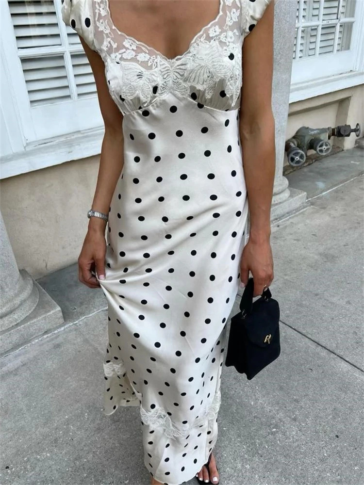 Absobe French Lace Patchwork Satin Polka Dot A-Line Maxi Dress For Women Elegant Backless Long Gown Chic Birthday Party Outfit 260602BJ