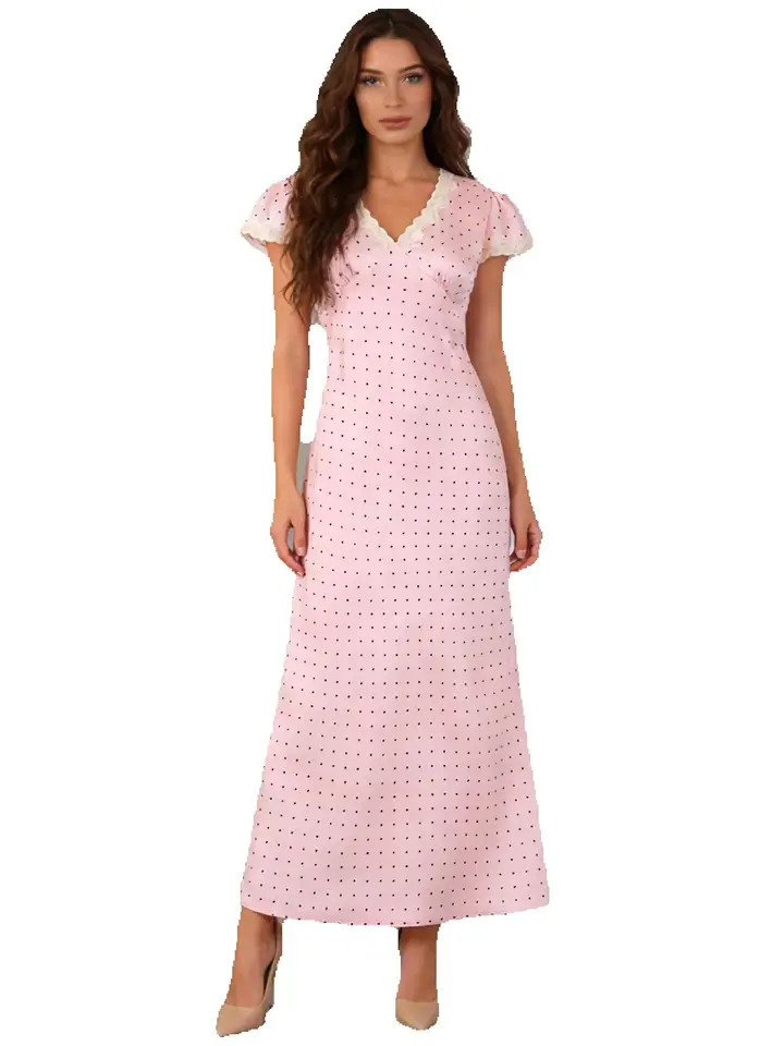 Chu Sau beauty Women Fashion Sweet Polka Dot Print Chic Lace Patchwork V-neck Long Dress Vintage Short Sleeve Party Dresses 260602BJ