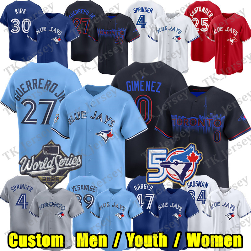 Custom Blue Jays Baseball Jersey Torontos Jersey Vladimir Guerrero Jr. George Springer Addison Barger Kevin Gausman WS 50th Patch Stitched Any Name