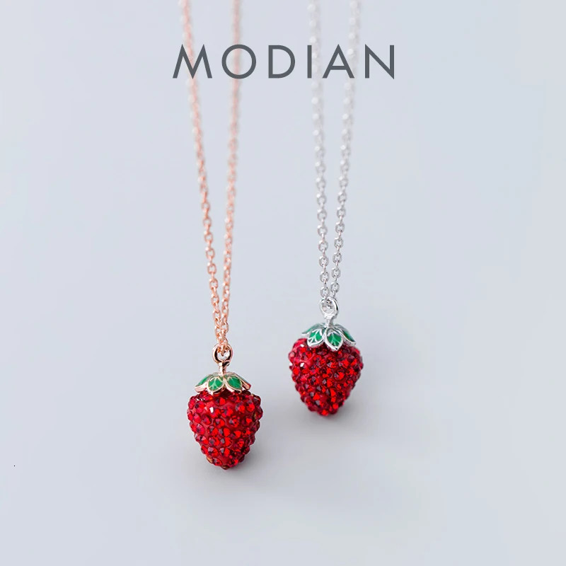 Modian Genuine 925 Sterling Silver Fashion 3D Strawberry Pendant Necklace for Women Crystal Chain Link Necklaces Fine Jewelry 260602BJ
