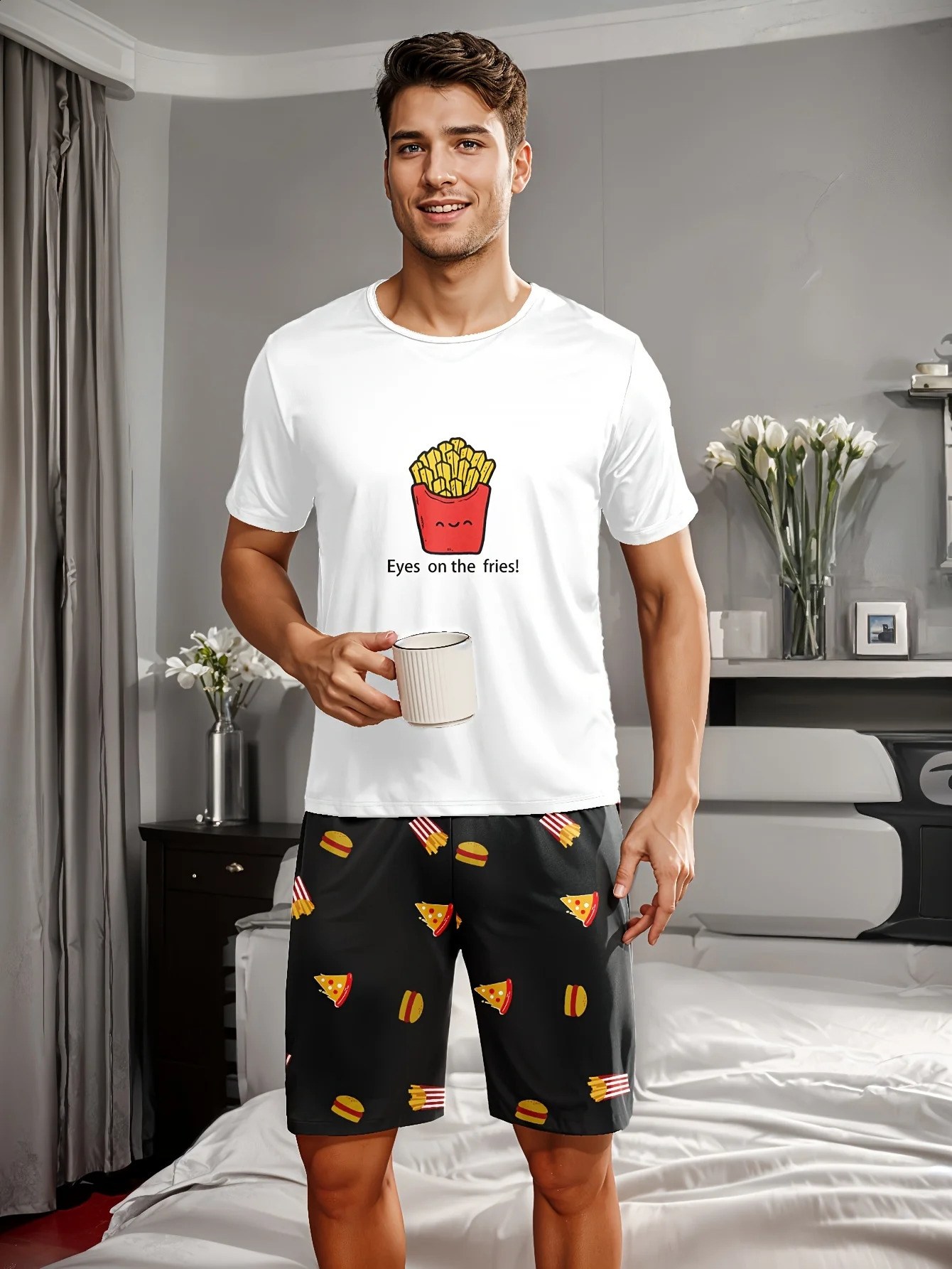 Mens casual pajama set fries-printed T-shirt and shorts comfortable summer sleepwear 260602BJ