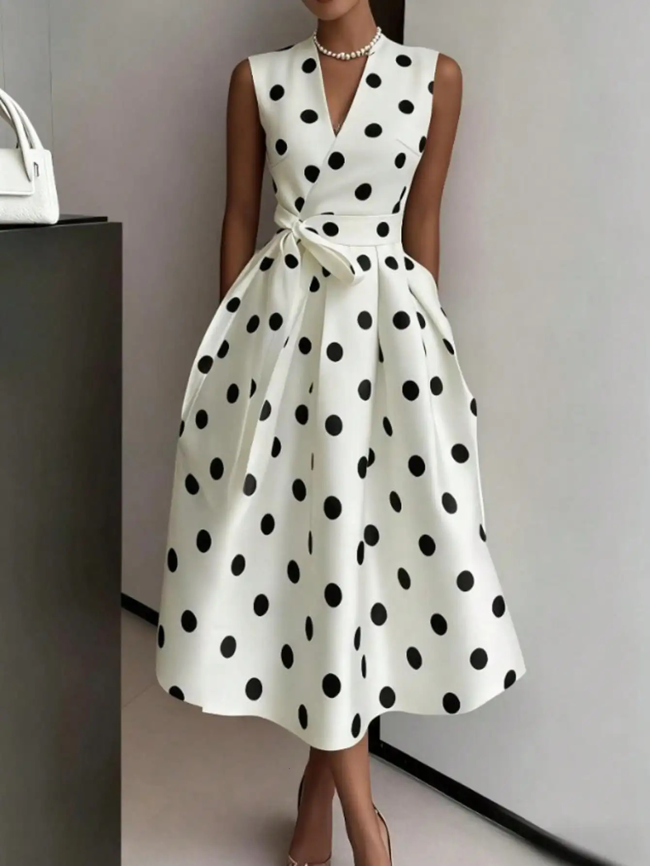 Womens V-Neck Sleeveless Polka Dot Wrap Dress with Waist Tie 260602BJ
