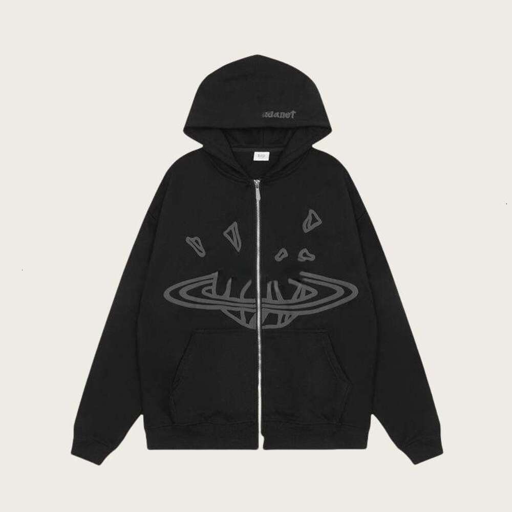 Broken Plaent Hoodie Designer Space Element Zip Up Hooded Jacket For Men Black Oversized Full Zip Hoodie With Grey Saturn Ring Debris Meteor Graphic