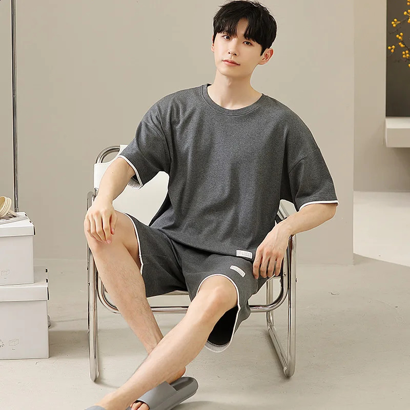 Mens Nightwear Summer Thin Soft Homewear Youth Boy Short Sleeping Top Pant Pajamas Set Male Sleepwear Big Size 260602BJ