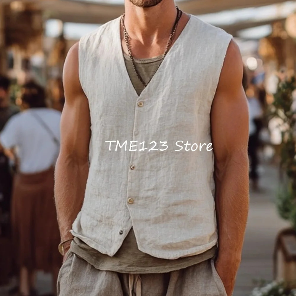 Thin Working Vest Veston V-neck Gilet Men Linen Fashion Suit Single-breasted Vests Man Casual Waistcoat for Man Suits Blazer 260602BJ