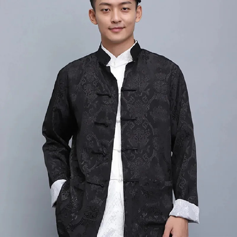 Men Chinese Style Satin Silk Tang Suit Jacket Double Faced Long Sleeve Kung Fu Coat Hanfu Clothing Jackets Size S-3XL 260602BJ