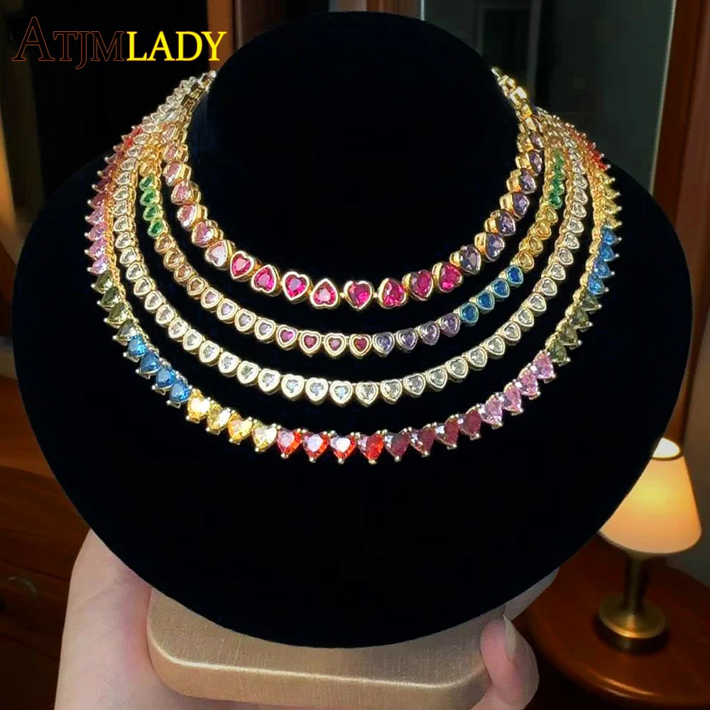 Round Heart Shaped CZ Tennis Chain Rainbow Colorful Necklace Top Quality Gold Color Hip Hop Fashion Women Choker Jewelry 260601BJ