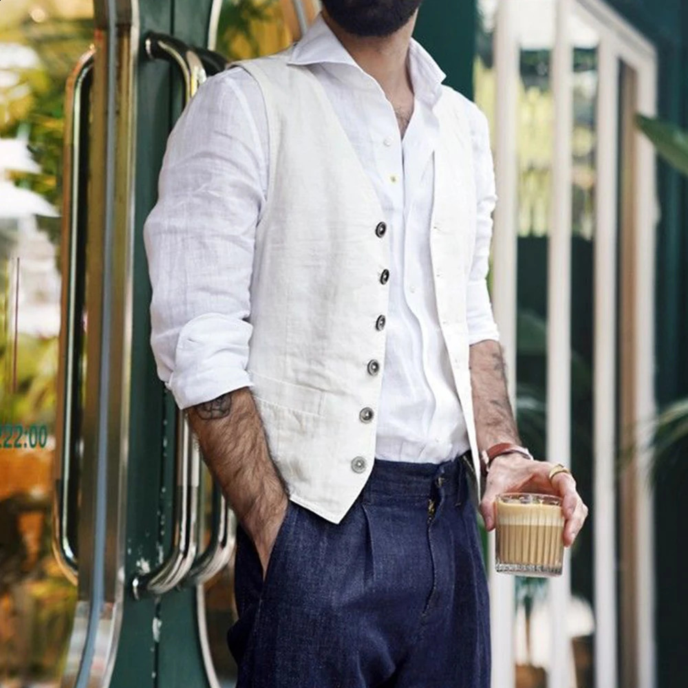 Navy Blue Cotton Linen Vests for Men V-neck Waistcoat Boutique Jacket Casual Vest Groosmen Male Groom Wear Clothing Man 260602BJ