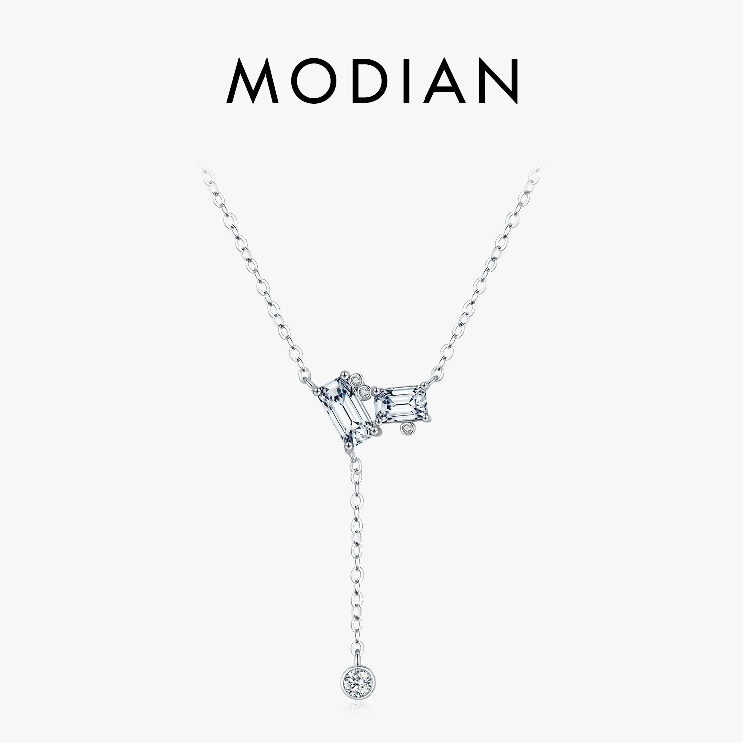 MODIAN 925 Sterling Silver Exquisite Rectangle Clear CZ Link Chain Lariat Y Shape Pendant Necklaces For Women Fine Jewelry 260602BJ