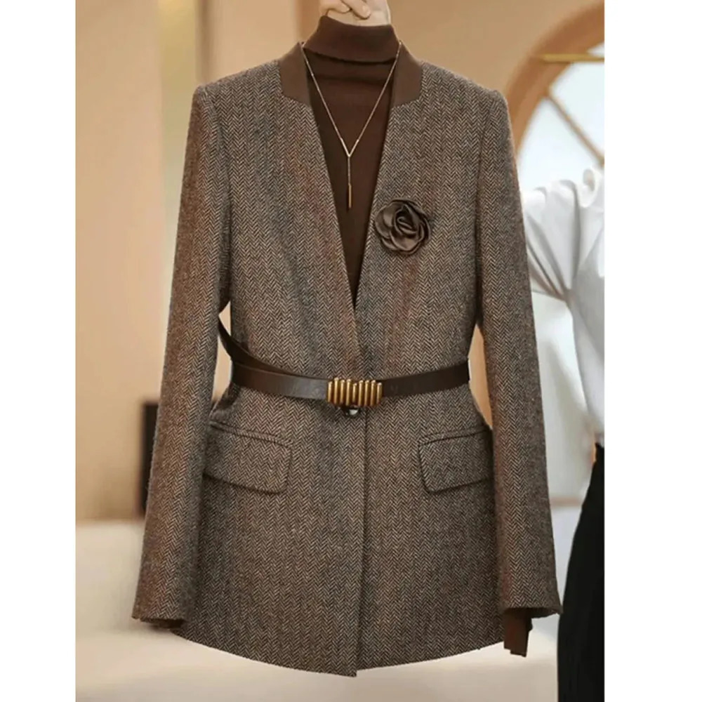 Plus Size 4XL High Quality Coffee colored Suit Jacket For Women Spring Outwear Fashion Simple Wool Coat Autumn Blazer With Belt 260602BJ