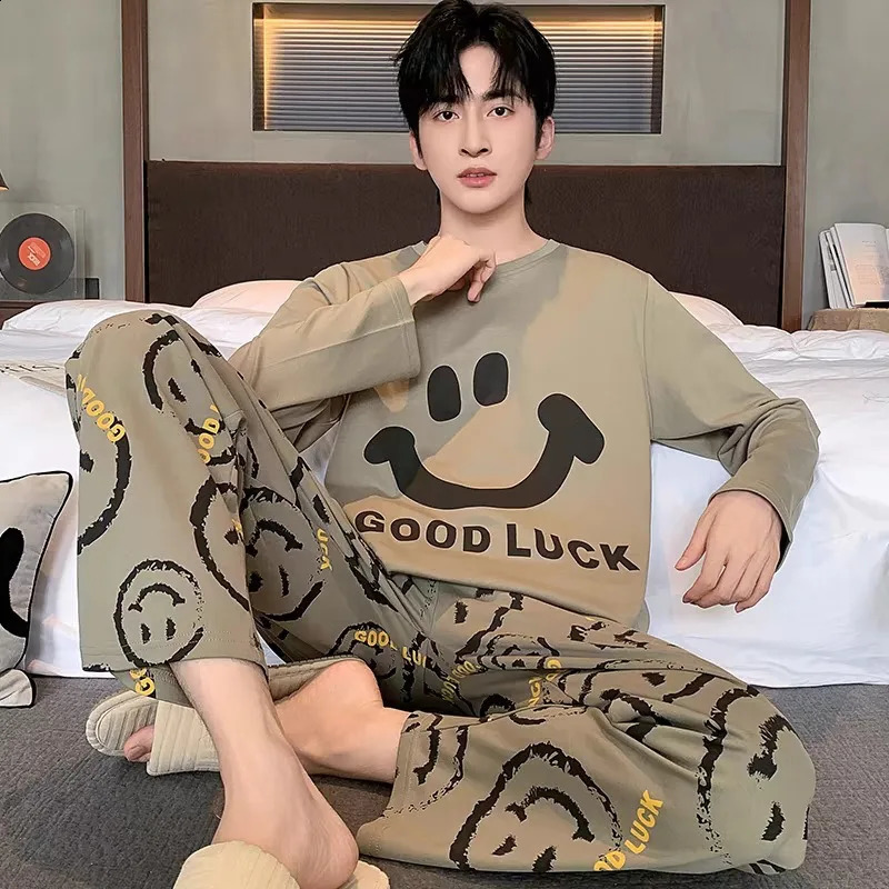 Plus Size Men Pajamas Set Spring and Summer Plaid Solid Color Student Sleepwear Homewear Tops and Pants Nightwear Loungewear 260602BJ