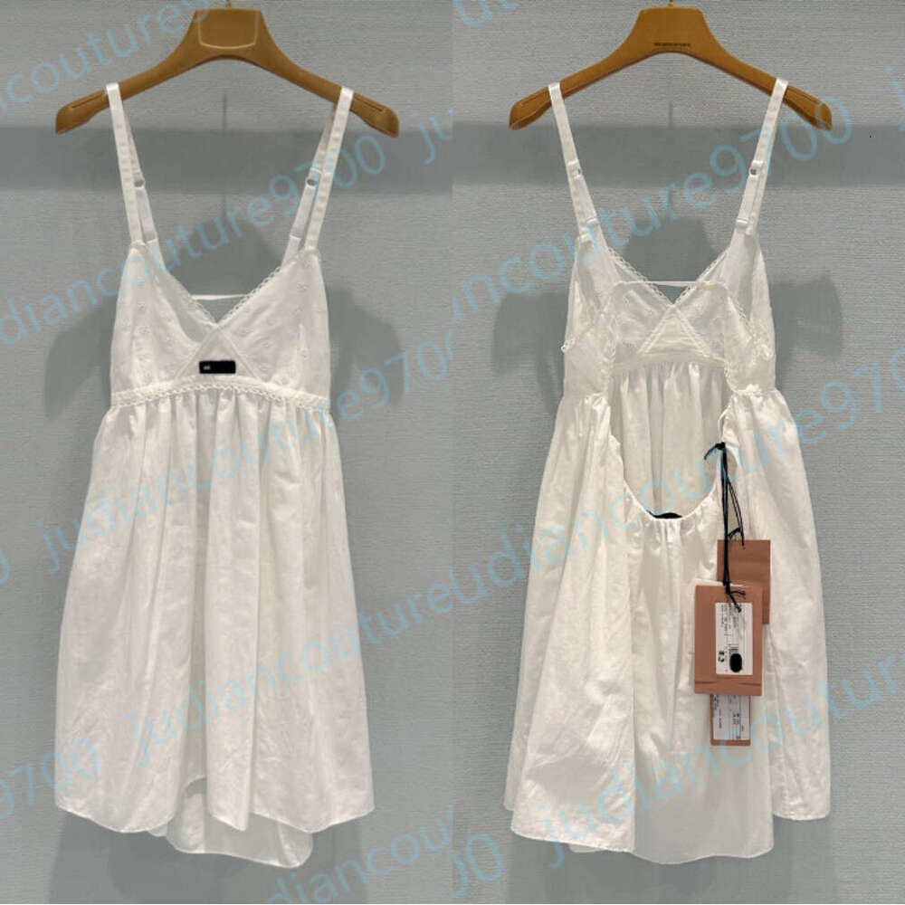 Cotton linen designer dresses Suspender Mini Dress For Women Eyelet Embroidered Brand miuslogo V Neck Soft Back Cutout Design Summer Beach Vacation