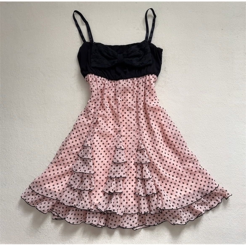 vintage retro bow strappy dress waist-cinching slimming dress summer polka dot niche lace patchwork slimming mini skirt 260602BJ
