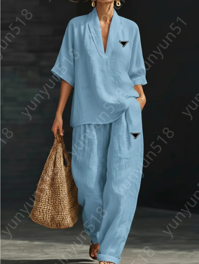 Tracksuits For Women Designer Two Piece Set Long Sleeve Shirt And Pants Party Streetwear Outfits Cotton Linen High Waist Slacks Trousers Suit For Wo