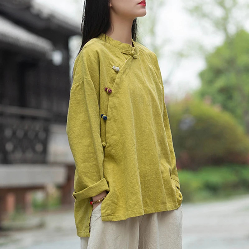 Johnature Women Vintage Cotton Linen Shirts And Tops Stand Long Sleeve Spring Chinese Style Button Loose Blouses Shirts 260603BJ