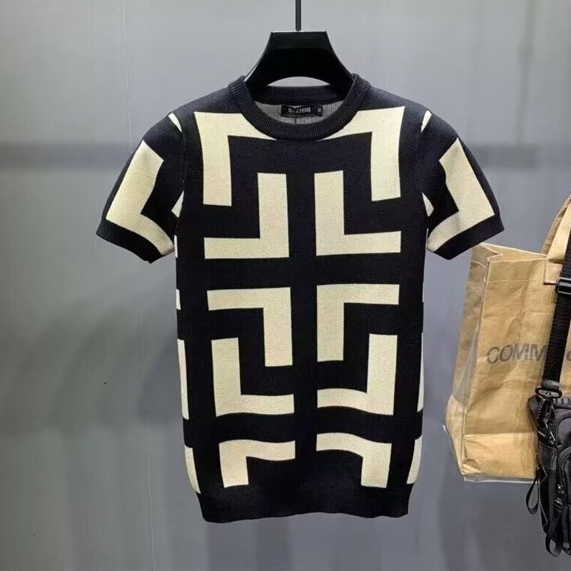 Designer T-shirt Summer Short-sleeved Shirt Knitted Sweater For Men Geometric Pattern Slim Fit Streetwear Pullover Casual Top Mens Clothing