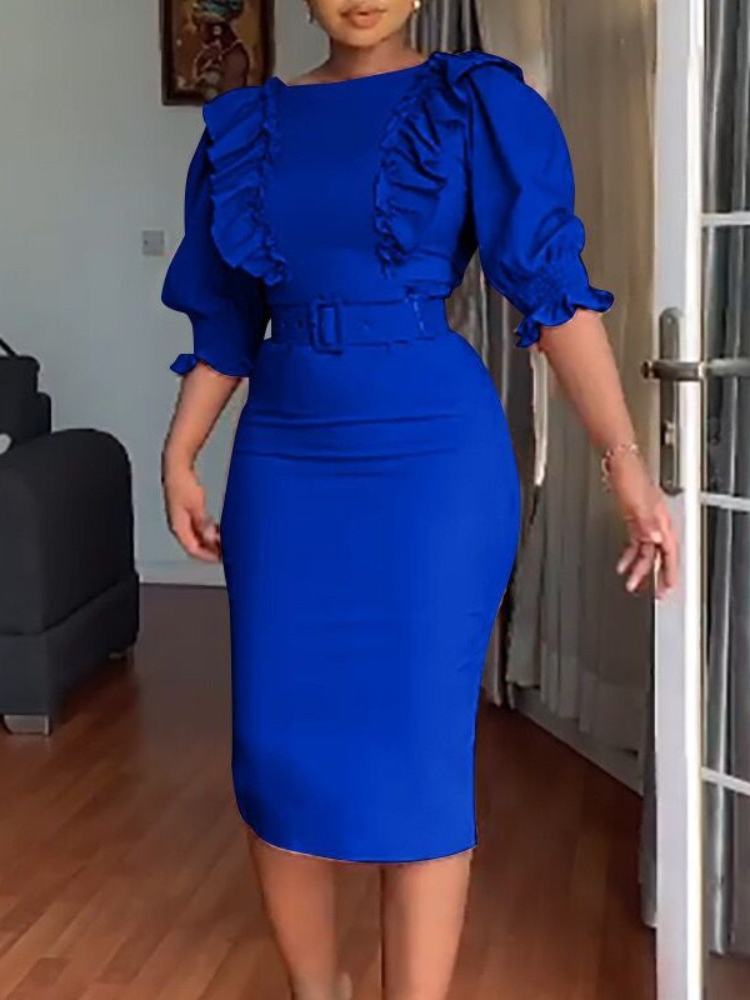 (130) High waist temperament ruffled edge splicing five-point sleeves OL plus size women's dress-image-1108866604