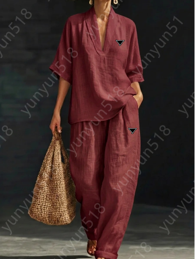 Women Tracksuits For Designer Two Piece Set Long Slve Shirt And Pants Party Strtwear Outfits Cotton Linen High Waist Slacks Trousers Suit For Woman