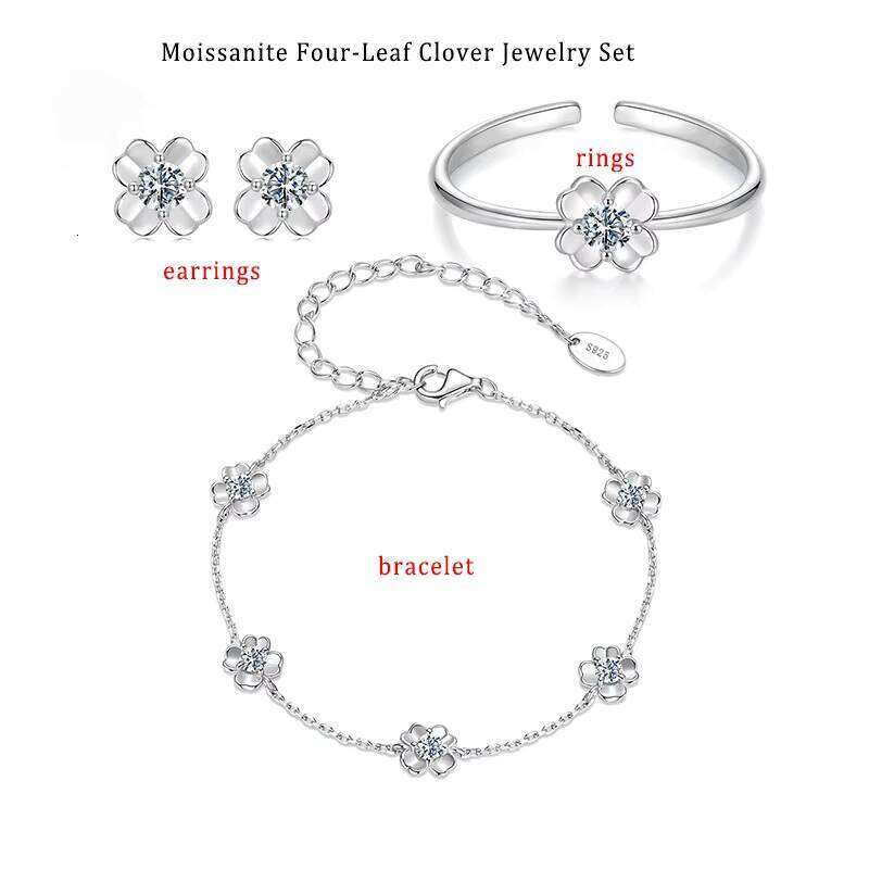 100% S925 Sterling Silver Moissanite Stone Four-Leaf Clover Jewelry Set D Color VVS Moissanite Bracelet Earrings Ring for Women-image-1108821093