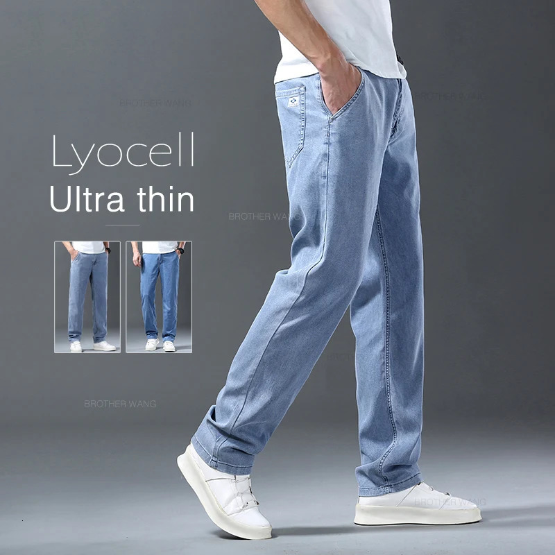 Lyocell Ice Silk Jeans Mens Summer Ultra-thin Loose Straight Denim Pants Soft Comfortable Male Light Blue Trousers 260603BJ