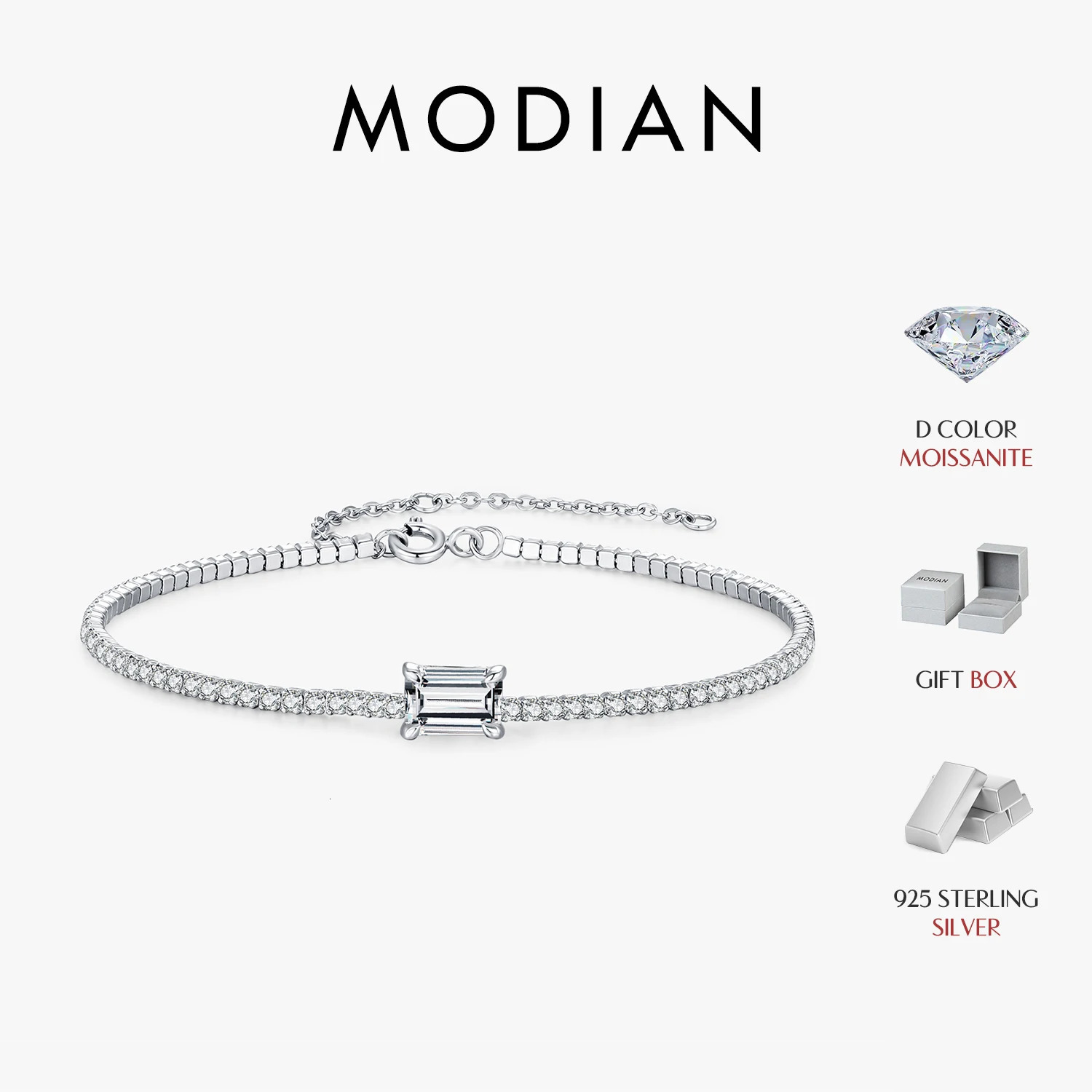 MODIAN 1CT Emerald Cut D Color Tennis Bracelet 925 Sterling Silver Wedding Elegant Bracelets For Women Daily Jewelry 260602BJ