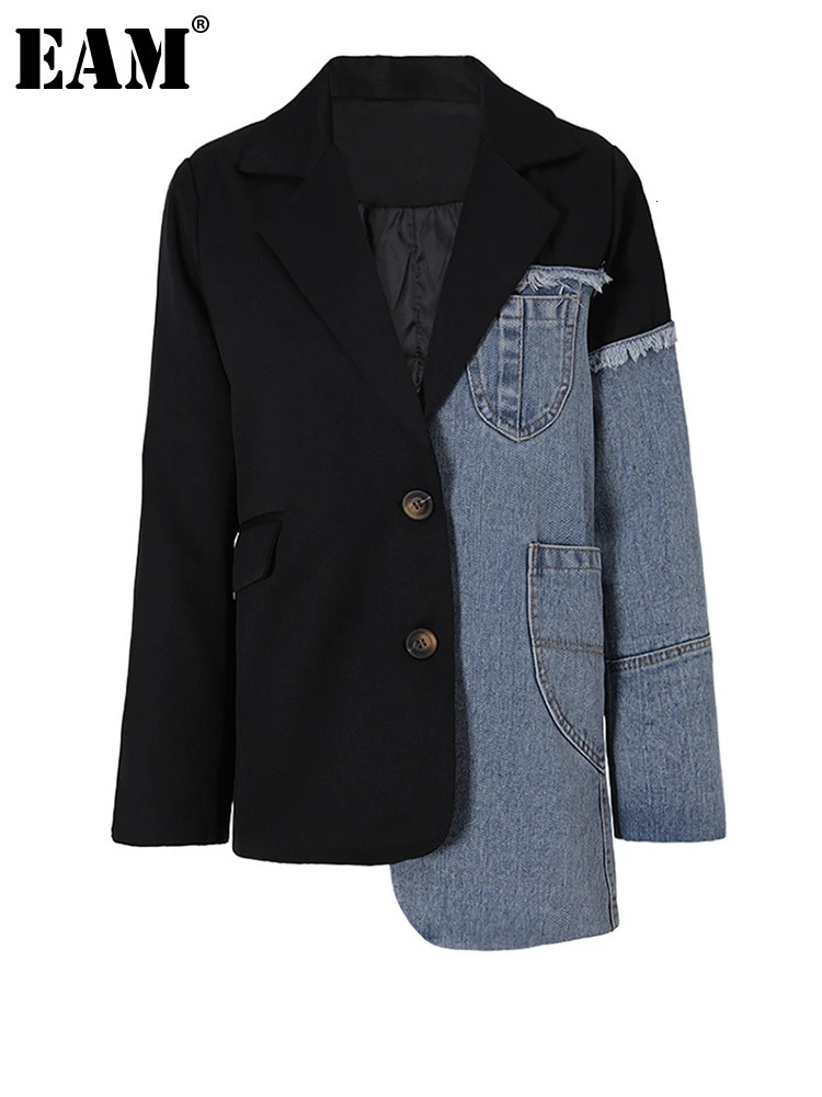 EAM Women Blue Denim Irregular Casual Blazer Lapel Long Sleeve Loose Fit Jacket Fashion Spring Autumn 2026 1DH533905 260602BJ