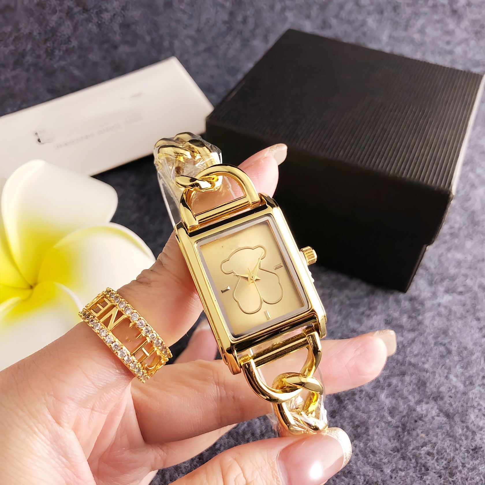 Fashion Women Men Silver Gold Stainless Steel Bear White Black Square Electronic Watch Wire Pulsera Span Chain Bracelet Jewelry Gift-image-1108869294