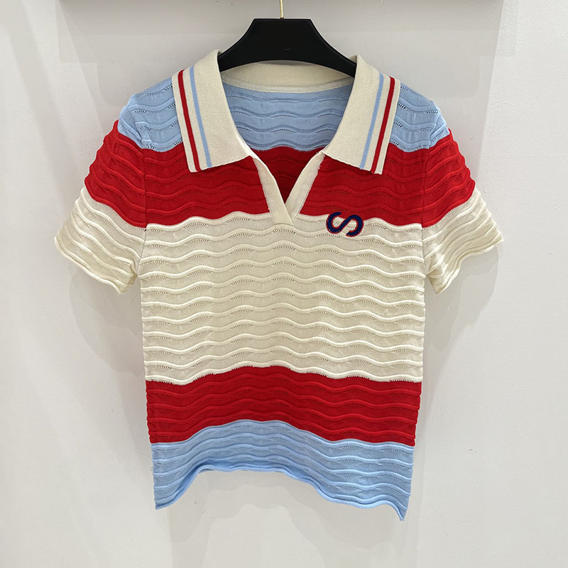 T-shirts tricotés à rayures ondulées, t-shirts à manches courtes avec lettres de couleur contrastée pour femmes, t-shirts décontractés pour vacan