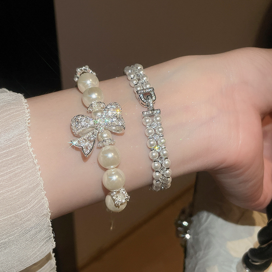 Zircon Bowknot Pearl Bracelet French Vintage Elegant Style Luxurious High-End Jewelry-image-1108783877