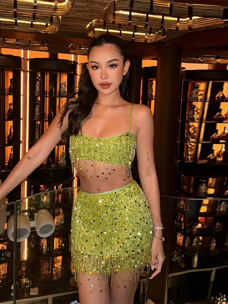 Sexy Tassel Chains Womens Set Elegant Solid Sequins Hip Package Female Party Mini Skirts Summer Holiday Lady Outfit Beachwear 260603BJ