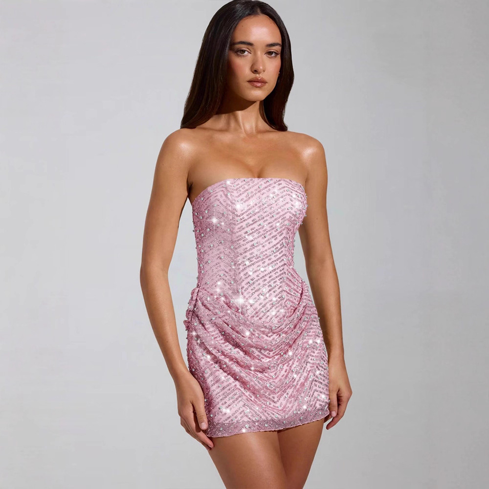 Mode Sexy enveloppement poitrine paillettes paillettes coupe basse hanche enveloppé serré Mini robe de soirée formelle fête boîte de nuit robe de