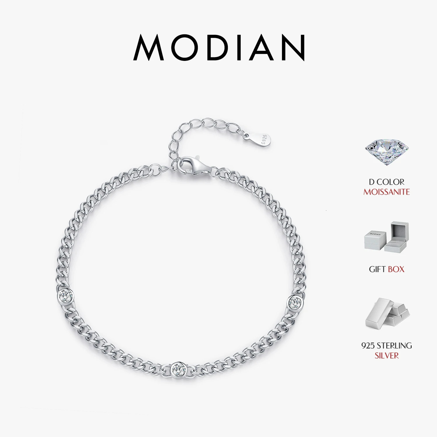 MODIAN White Gold Plated D Color Round Twisted Bracelet 925 Sterling Silver VVS1 Dainty Adjustable Jewelry Gifts 260602BJ