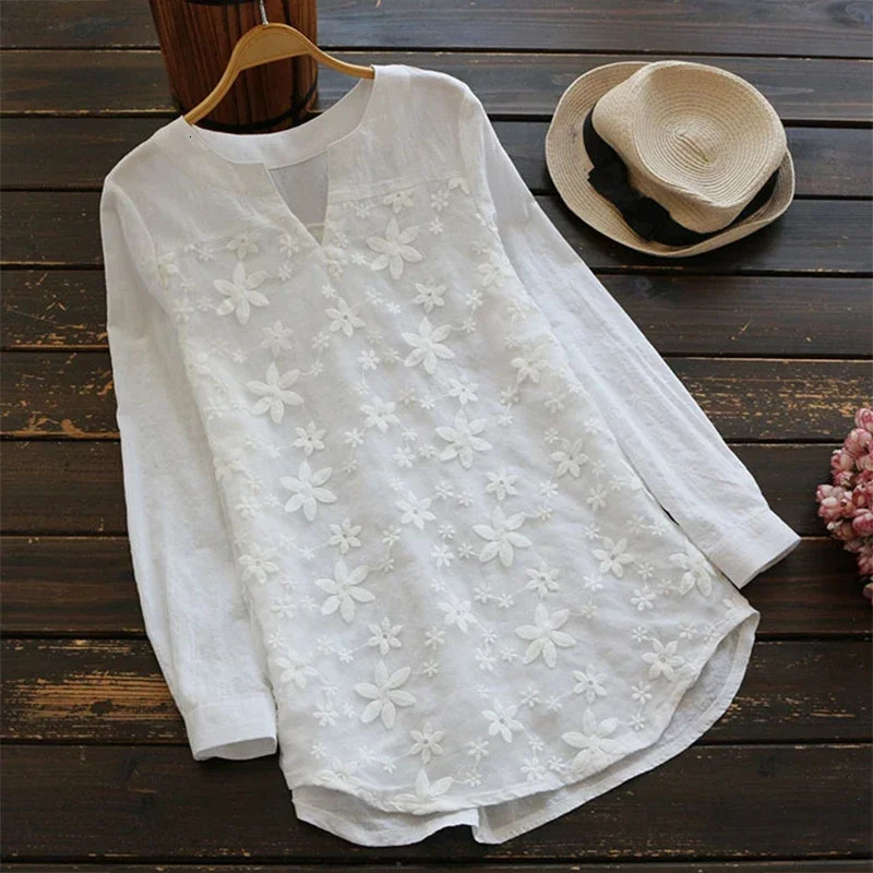 Embroidery Lace Cotton Linen Casual Women Blouse Fashion Loose White Elegant Shirt Plus Size V Neck Tops Long Sleeve S-5XL 260603BJ