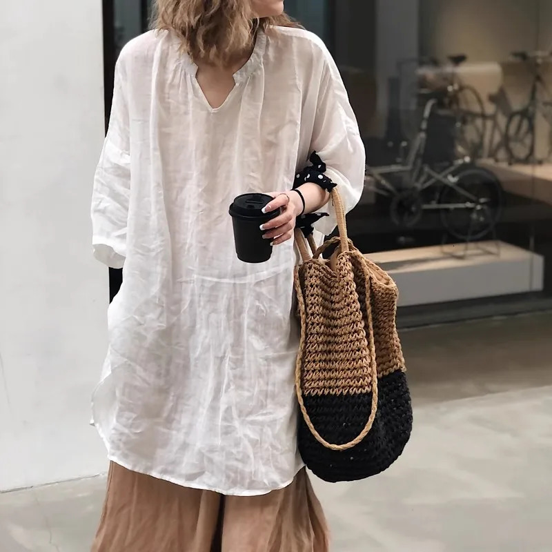 Summer Autumn Loose Blouse Women Shirts Fashion Female Long Sleeve Cotton and Linen Blouse Pullover Tops Casual Shirts 260603BJ