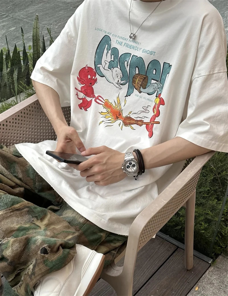 Summer Pure Casper Cartoon Anime Print Vintage High Street Casual Loose Short Sleeve Pure Cotton High Quality Hip Hop T-shirt 260603BJ