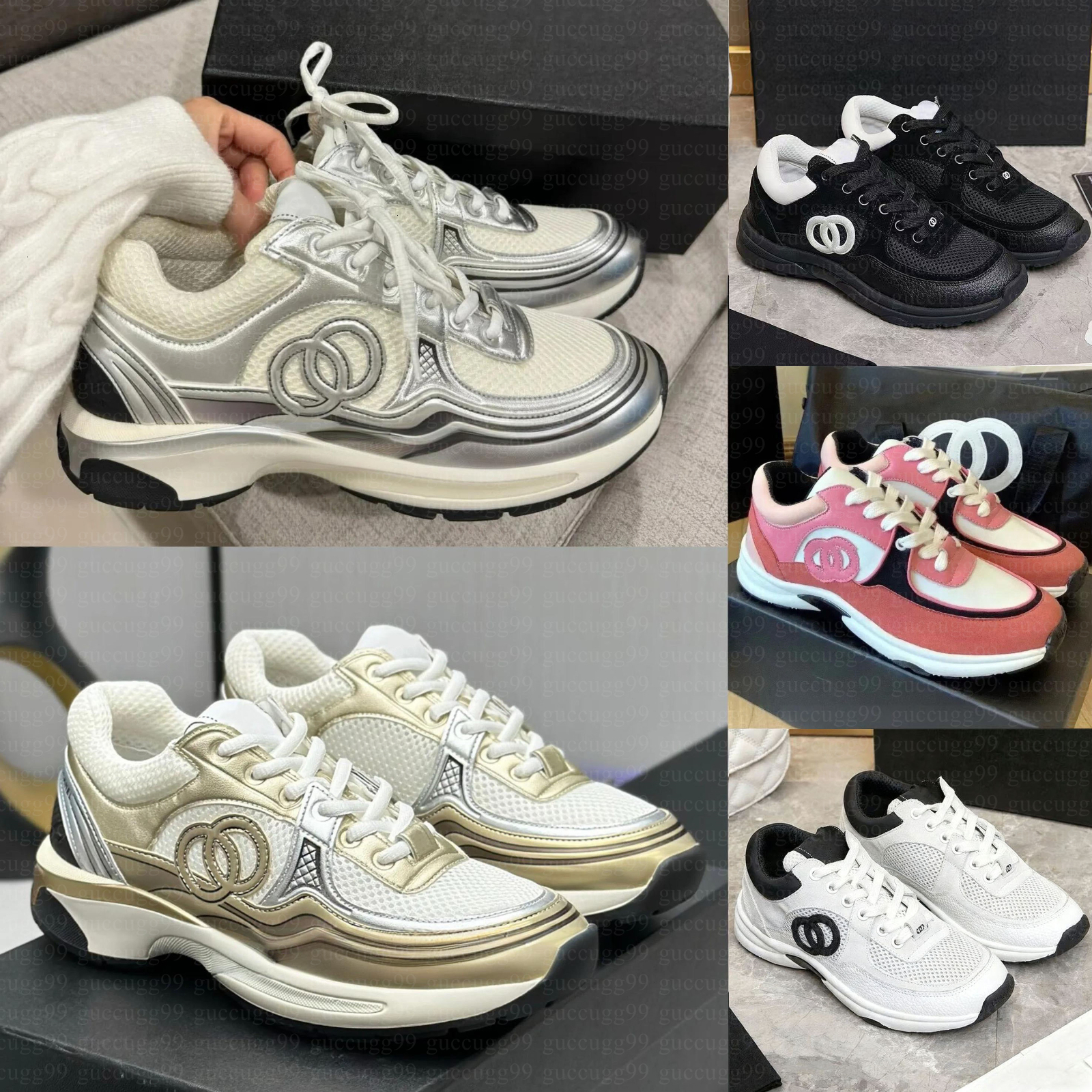 Designer Running Shoes Leather Sport Runner Lace Up Sneakers Shoe Gold Silver Metallic Flat Womans Trainer Calfskin Nylon Reflective Sneakers Size 3