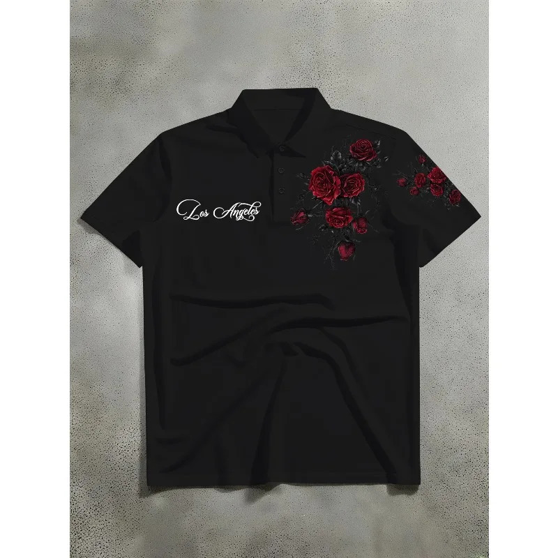 Mens Short Sleeved Polo Shirt with Red Rose Thorn Print Casual Trend Suitable for Both Men and Women Summer Style T-shirt 260603BJ