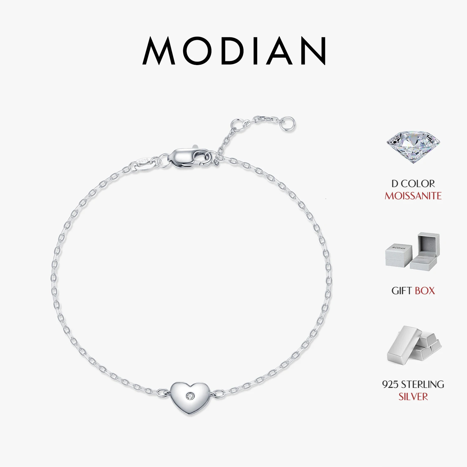 MODIAN D Color Bracelet 925 Sterling Silver Simple Heart Daily Link Chain Bracelet For Women Fine Jewelry With Box 260602BJ