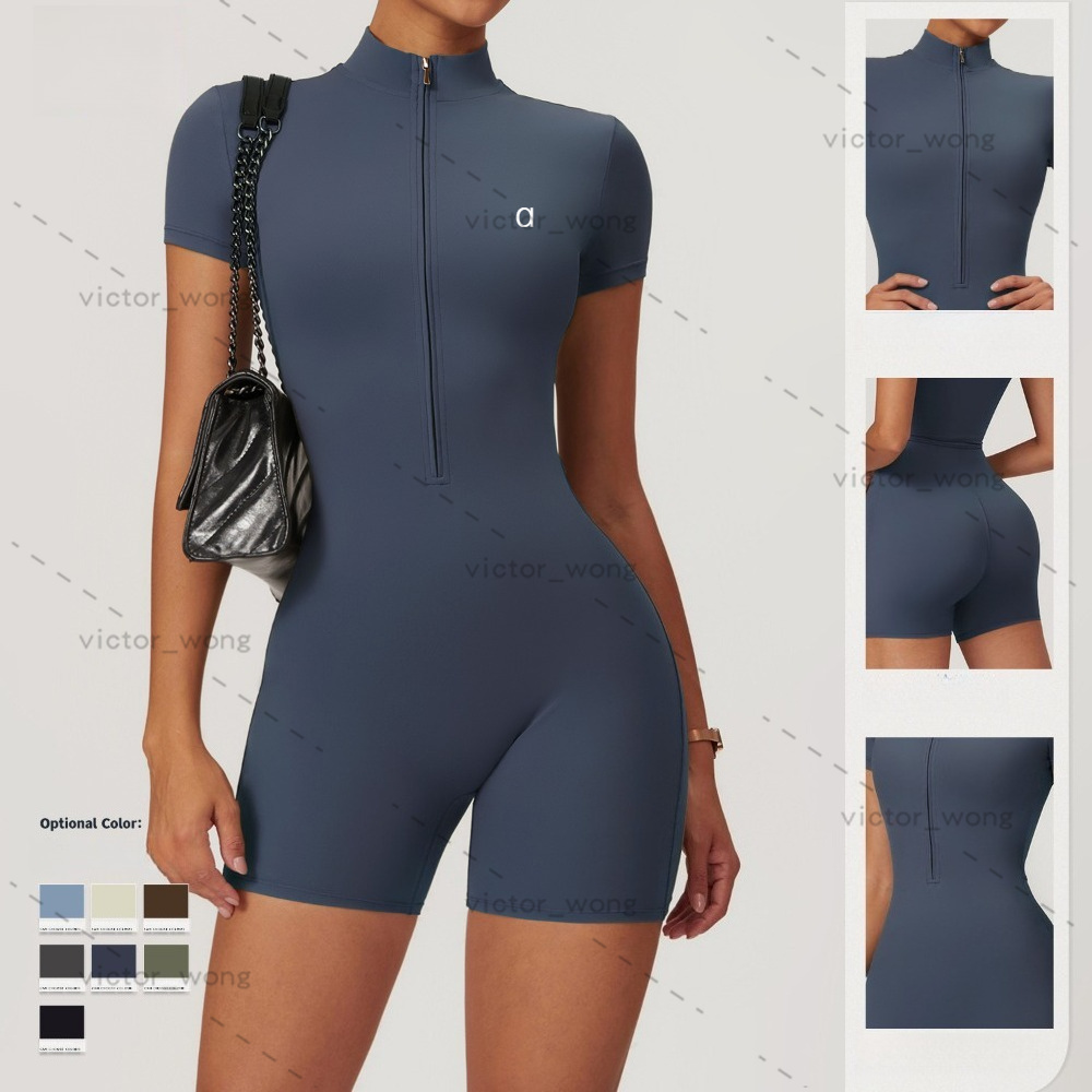 A8294 Designer Yoga Bodysuit Women Half Zip Mock Neck Gym Short Sleeve One Piece High Cut Shorts Yoga Jumpsuit