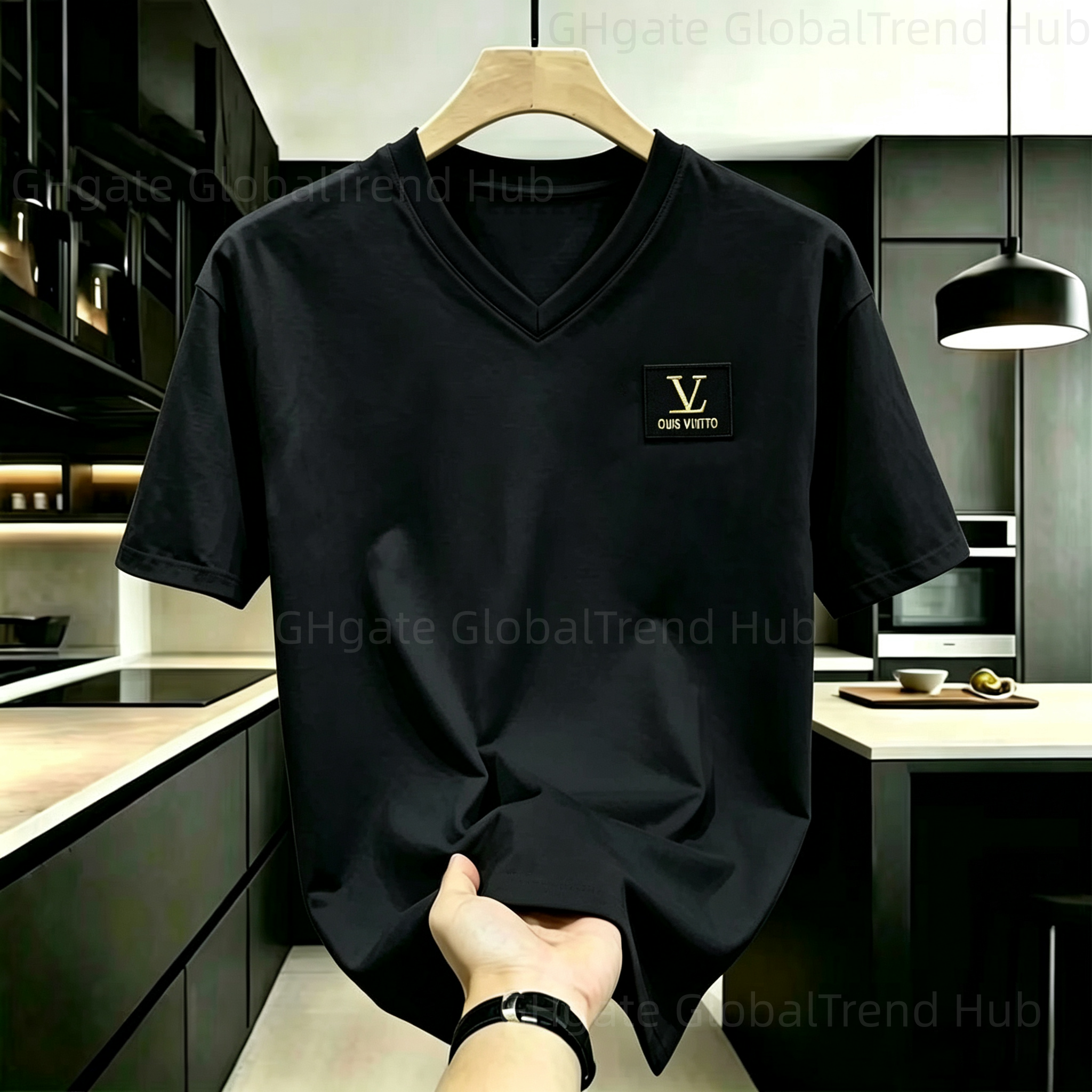 mens designer clothes t shirt Men Hip Hop V Neck Short , Embroidery Patch Solid Color Tops, Street Hip Hop Loose Fit Tee, Casual Vacation Daily Wear