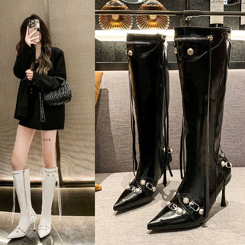 European and American pointed frill belt fashion long boots for women, new style, spring-autumn hipster, metal rivets, riding boots, feminine hig